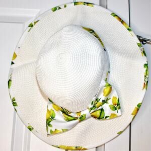 DIVINA White Sun Hat Lemon Print Bow Straw Paper Wide Brim Italy Amalfi Coast